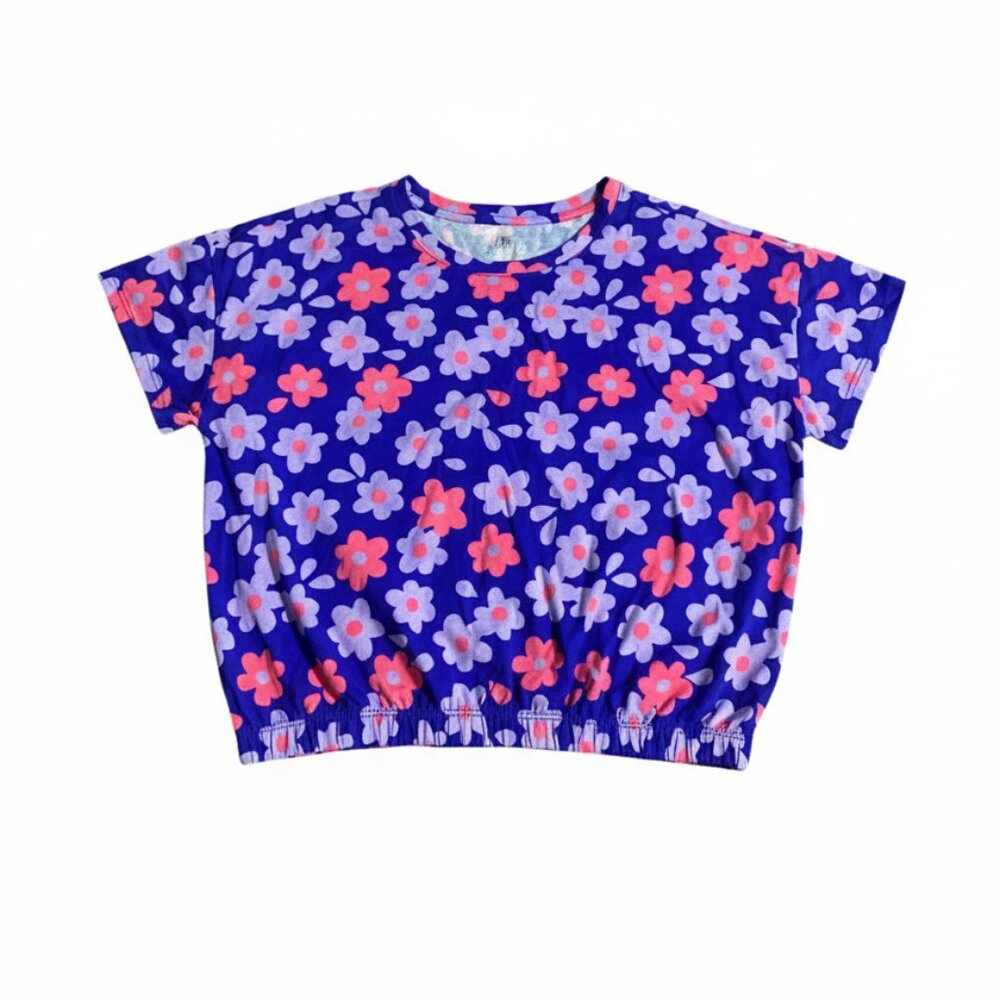 BCG Girls' Top Smocked Waist Short Sleeve Crew Neck Blue Floral Large 12-14 NEW